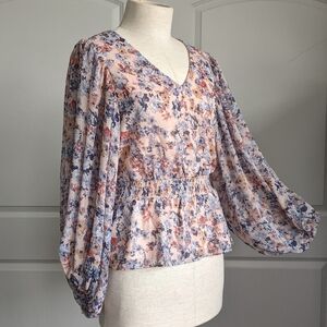 1. State Blouse V-Neck Long Sleeves Sheer Floral Peplum Waist Pink Blues M NWT